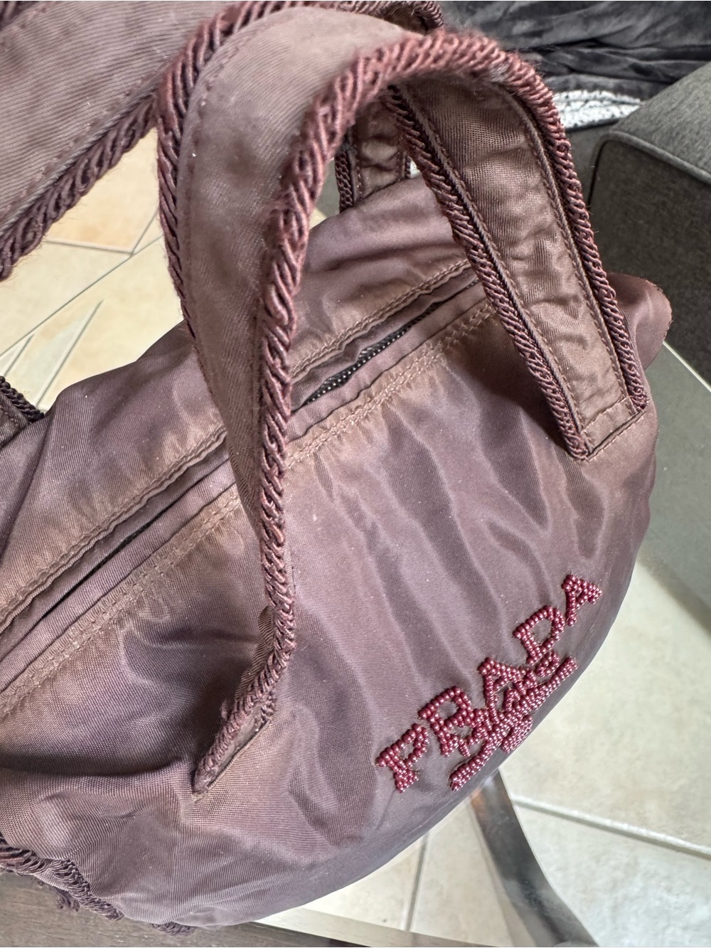 Prada Mini Nylon Satchel in Deep Brown with Beaded Logo - Picture 8 of 14